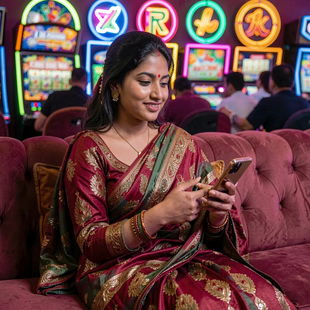 Confident Bangladeshi woman relaxing on a sofa while using the 9A999 casino app surrounded by vibrant neon gaming symbols