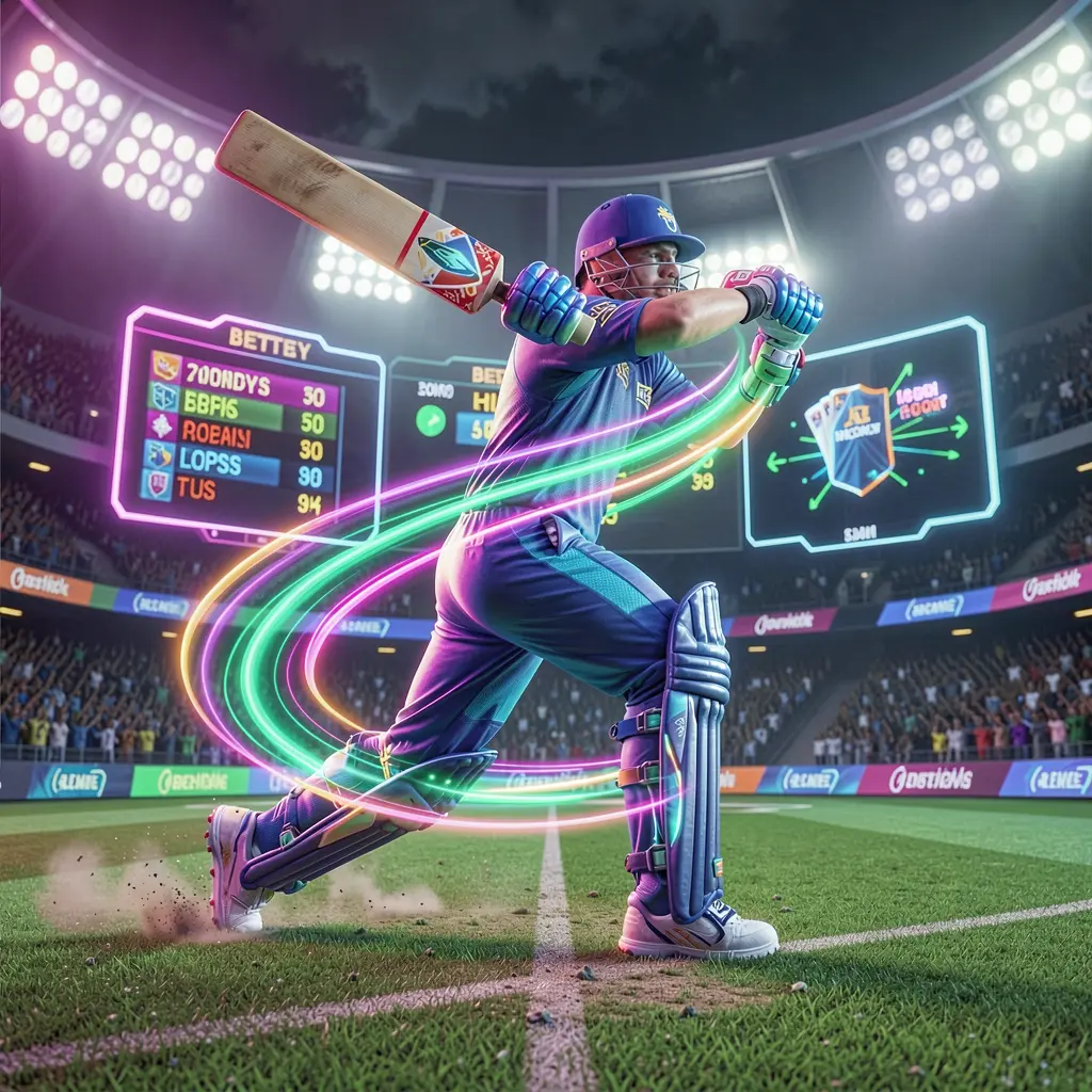 Futuristic cricket player with glowing effects running between wickets representing fast paced sports betting on 9A999 in Bangladesh