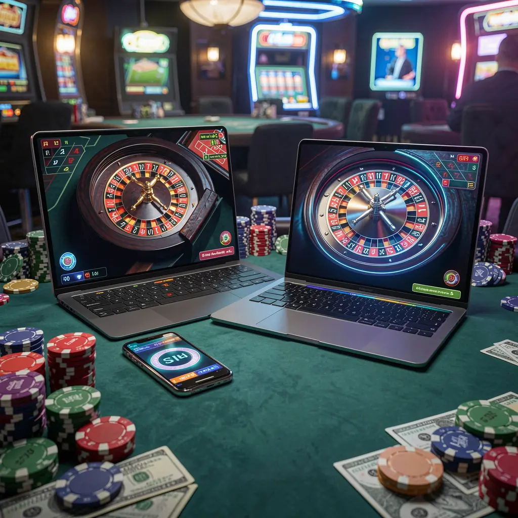 Modern digital casino scene with a smartphone and laptop displaying a roulette wheel surrounded by poker chips symbolizing secure and engaging gameplay at 9A999