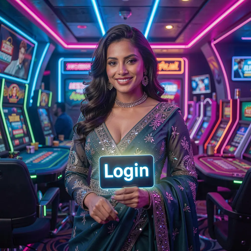 Elegant Bangladeshi woman holding a glowing login card in a neon casino environment representing secure access to 9A999